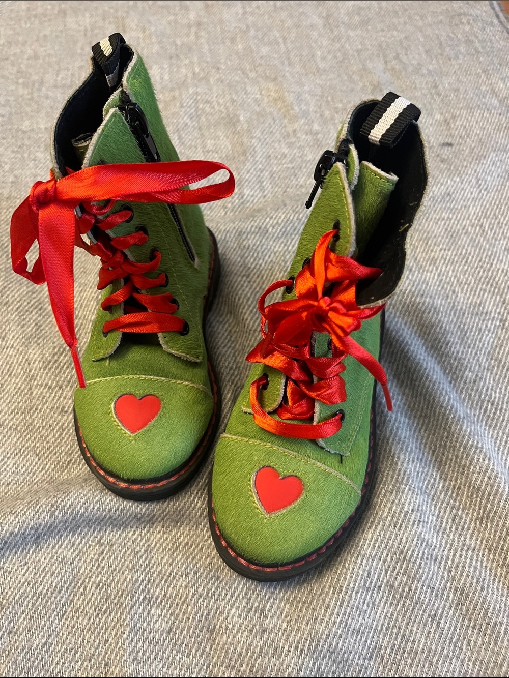 Spellbound Green Heart Accent Lace-Up Boots with Red Ribbon Laces